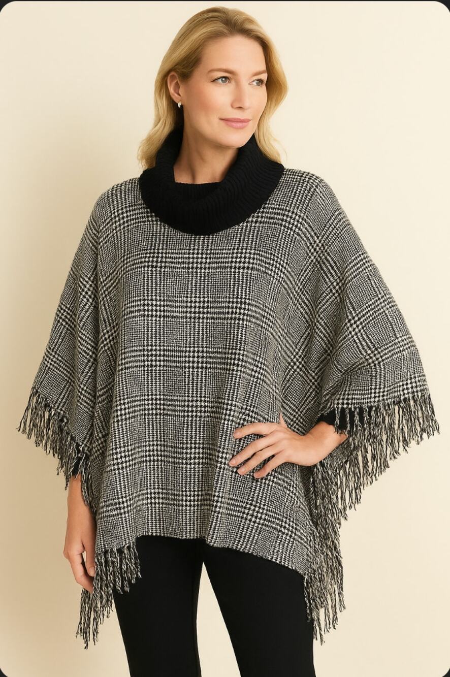 Talbots Black White  M L Houndstooth Fringe Cape Poncho Cowl Neck Classic Office